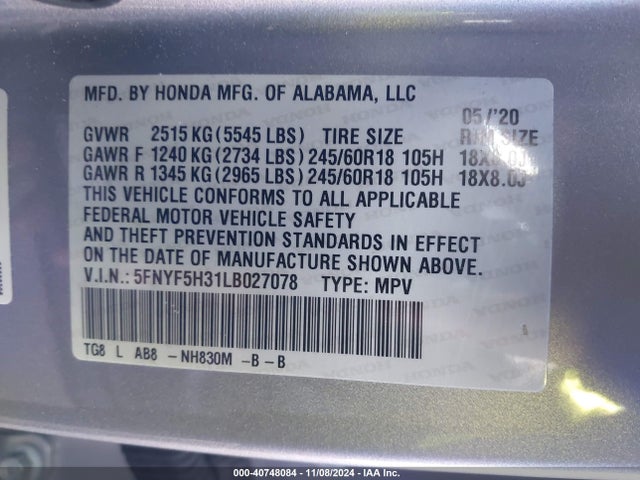 Honda Pilot 2wd Ex 2020 5FNYF5H31LB027078 Image 9