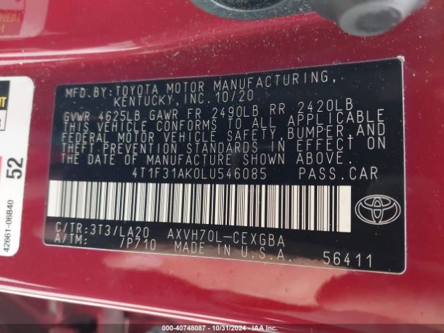 4T1F31AK0LU546085 Toyota Camry Xle Hybrid