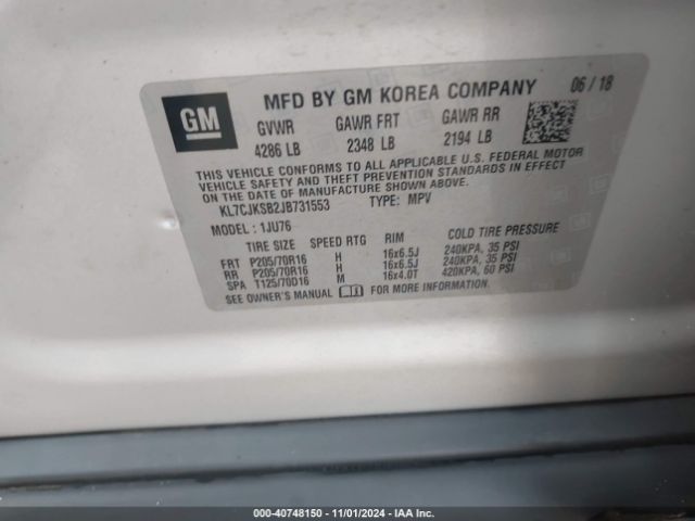 KL7CJKSB2JB731553 Chevrolet TRAX LS