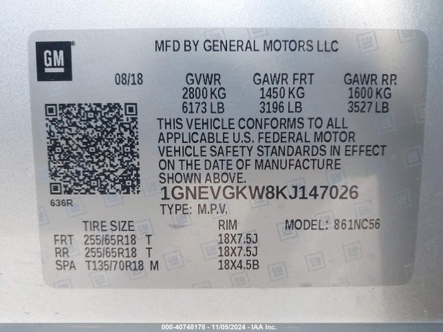 Chevrolet Traverse 1lt 2019 1GNEVGKW8KJ147026 Image 9
