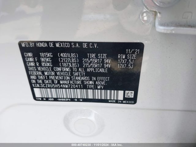 3CZRU5H54NM720411 Honda Hr-v 2wd Ex