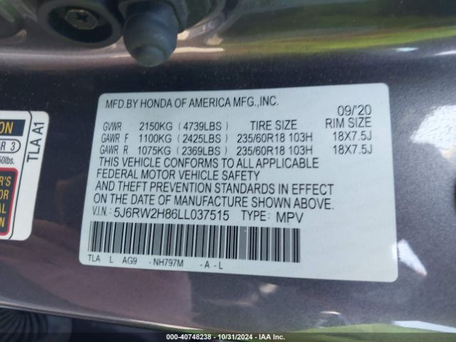 5J6RW2H86LL037515 Honda Cr-v Awd Ex-l