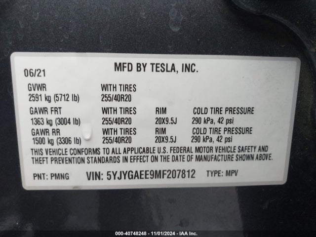 2021 TESLA MODEL Y 5YJYGAEE9MF207812 Photo 8