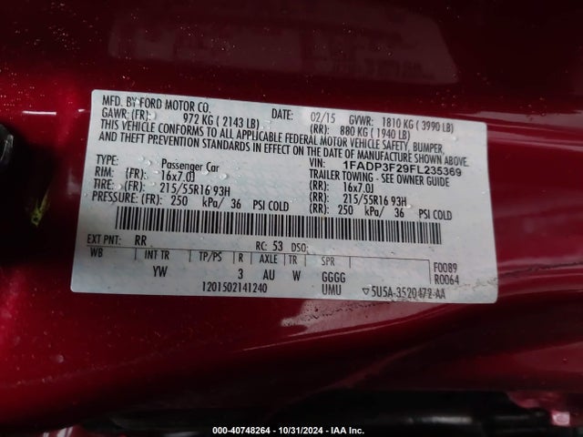 Ford FOCUS SE 2015 1FADP3F29FL235369 Image 9