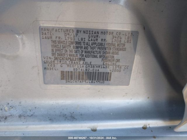 3N1CN7AP9JL819910 Nissan Versa 1.6 Sv