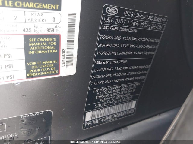 SALWZ2FE5HA143703 Land Rover Range Rover Sport 5.0l V8 Supercharged Svr