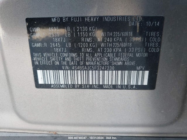 Subaru Outback 2.5i Limited 2015 4S4BSAJC5F3247230 Image 9