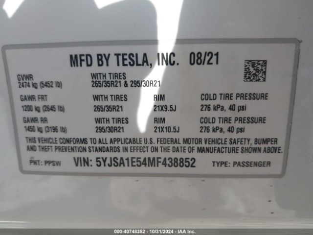 5YJSA1E54MF438852 Tesla Model S Long Range Dual Motor All-wheel Drive