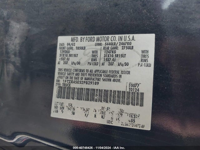 Aukcja sprzedaży 2002 Ford Ranger Edge/xlt, vin: 1FTZR45E52PB29189, numer aukcji: 40748426