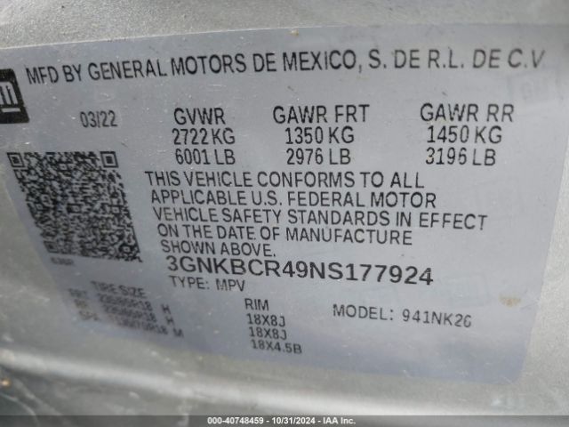 3GNKBCR49NS177924 Chevrolet Blazer Fwd 2lt