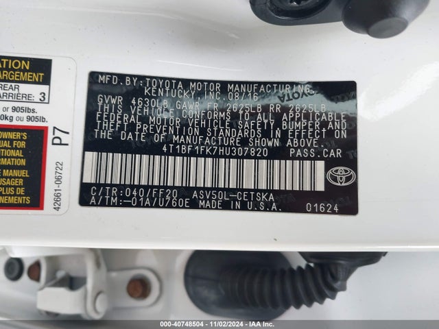 4T1BF1FK7HU307820 Toyota CAMRY SE