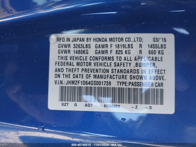 JHMZF1D64GS001739 Honda CR-Z