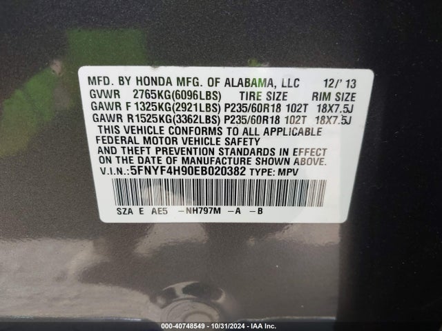 Honda Pilot Touring 2014 5FNYF4H90EB020382 Image 9