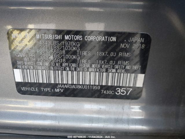JA4AR3AU8KU011959 Mitsubishi Outlander Sport 2.0 Se
