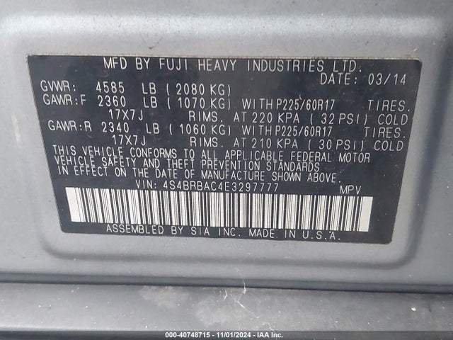 4S4BRBAC4E3297777 Subaru Outback 2.5i
