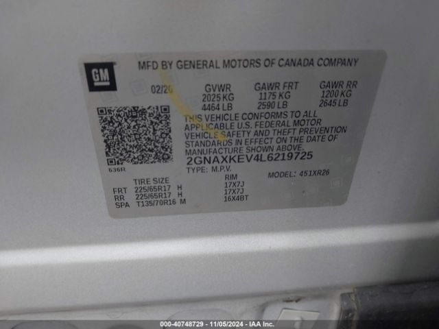 2GNAXKEV4L6219725 Chevrolet Equinox Fwd Lt 1.5l Turbo