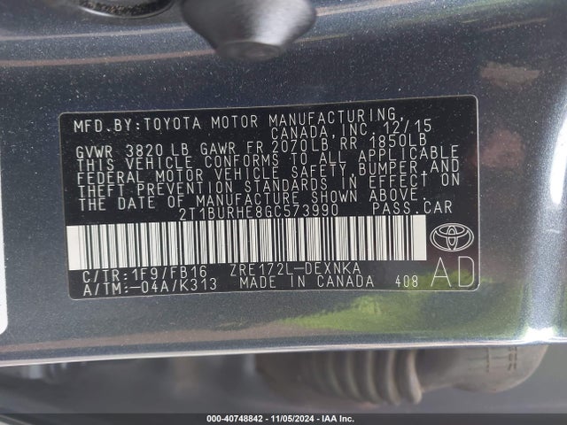 Toyota COROLLA LE 2016 2T1BURHE8GC573990 Image 9