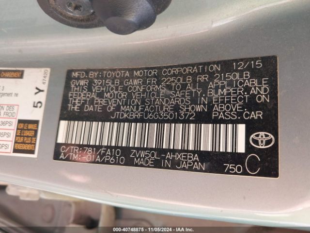 JTDKBRFU6G3501372 Toyota Prius Two