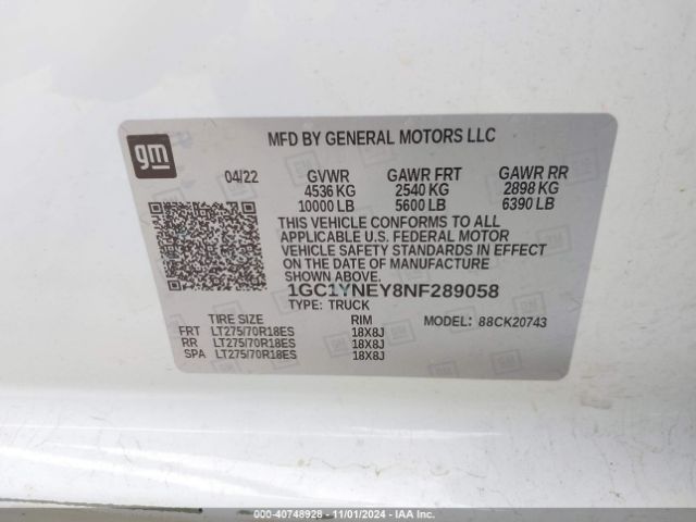 1GC1YNEY8NF289058 Chevrolet Silverado 2500hd 4wd  Standard Bed Lt