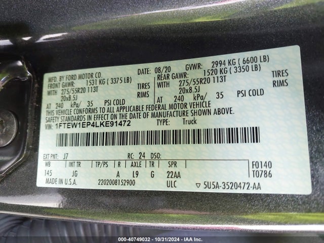 Ford F-150 Xl 2020 1FTEW1EP4LKE91472 Image 9
