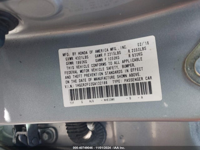 Honda ACCORD EX 2016 1HGCR2F02GA132186 Image 9