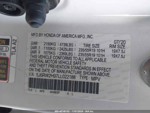 5J6RW2H97LL022188 Honda Cr-v Awd Touring
