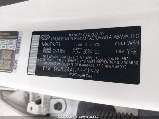 5NPLS4AG4PH111979 Hyundai ELANTRA SEL