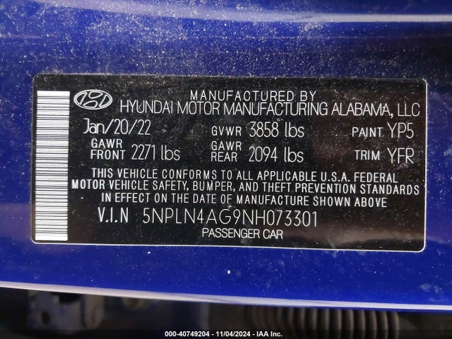 Hyundai ELANTRA SEL 2022 5NPLN4AG9NH073301 Image 9