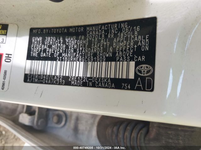 2T1BURHE8GC691909 Toyota Corolla S Premium