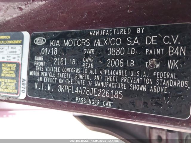 3KPFL4A78JE226185 KIA FORTE LX
