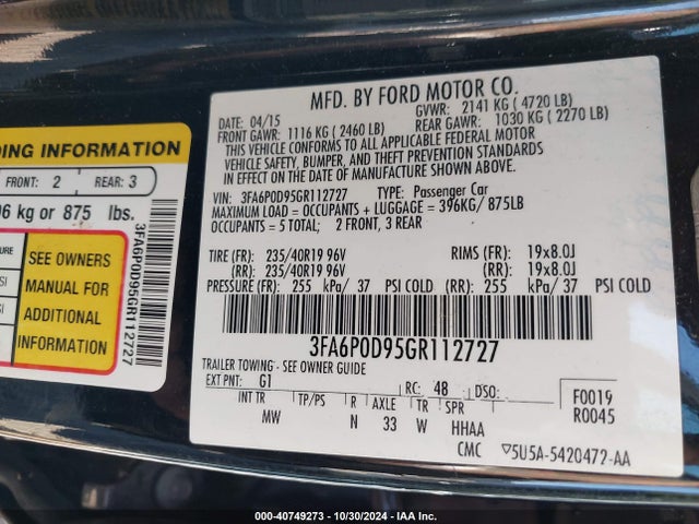 Ford Fusion Titanium 2016 3FA6P0D95GR112727 Image 9