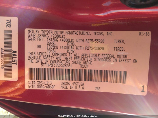 5TFHW5F17GX528361 Toyota Tundra Limited 5.7l V8