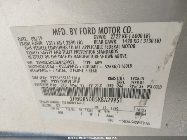 Ford Flex Limited 2019 2FMGK5D85KBA29951 Image 9