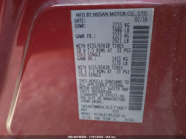 5N1AR2MM6GC627907 Nissan Pathfinder Platinum/s/sl/sv