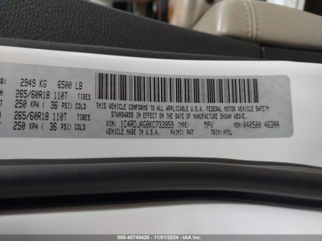 1C4RDJAG8KC733959 Dodge Durango Sxt Awd