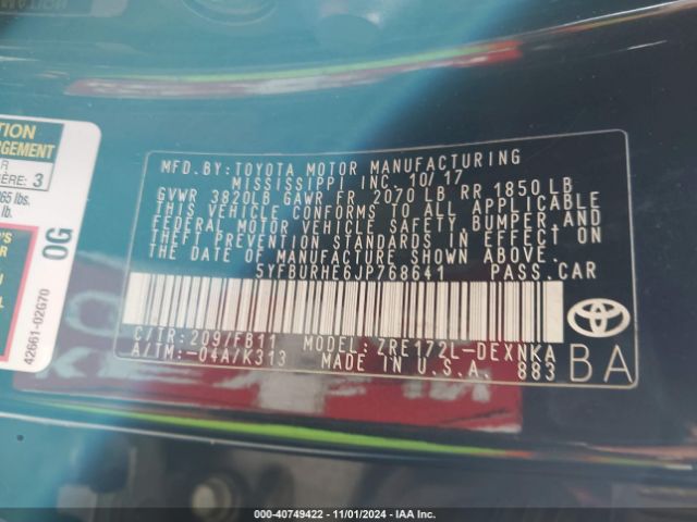 5YFBURHE6JP768641 Toyota COROLLA LE