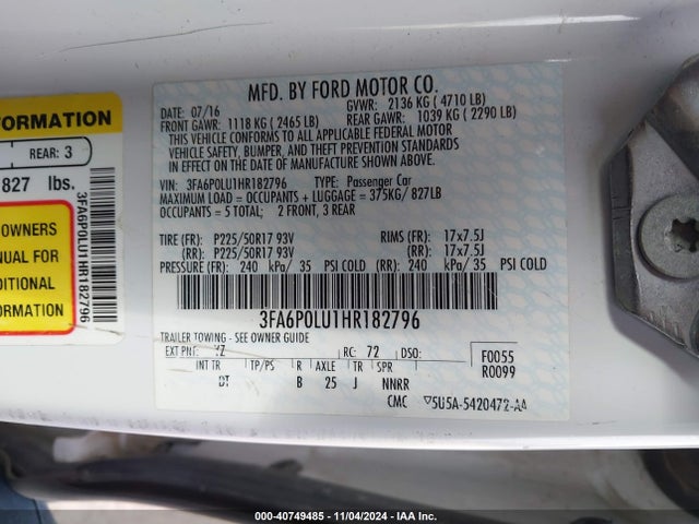 Ford Fusion Hybrid Se 2017 3FA6P0LU1HR182796 Image 9