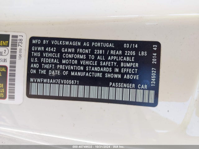 Volkswagen Eos Executive 2014 WVWFW8AH7EV005671 Image 9