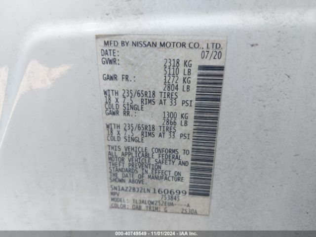 5N1AZ2BJ2LN160699 Nissan Murano Sv Fwd