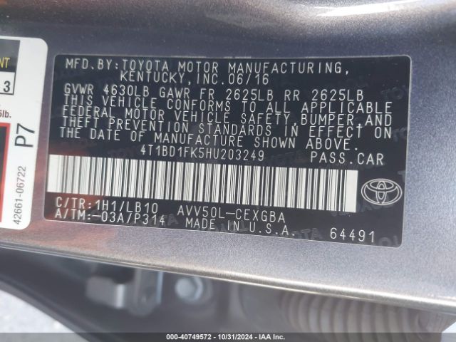 4T1BD1FK5HU203249 Toyota Camry Hybrid Xle