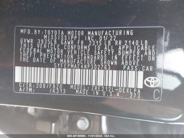 Toyota COROLLA LE 2022 5YFEPMAE4NP302763 Image 9
