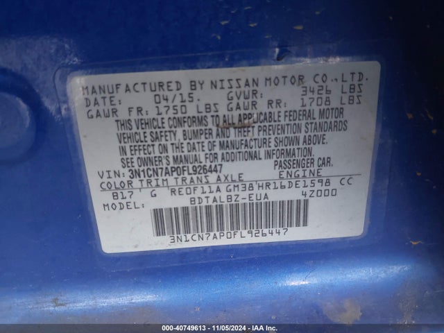Nissan Versa 1.6 Sv 2015 3N1CN7AP0FL926447 Image 9