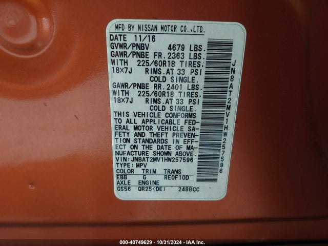 Nissan Rogue Sl 2017 JN8AT2MV1HW257596 Image 9