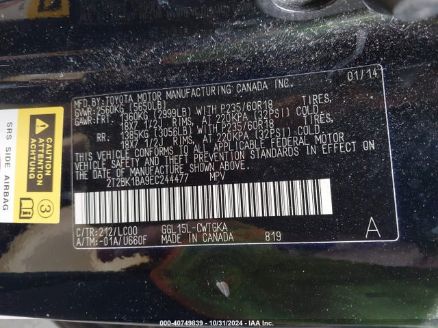 Lexus RX 350 2014 2T2BK1BA9EC244477 Image 9