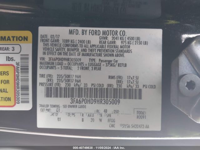 3FA6P0HD9HR305009 Ford FUSION SE
