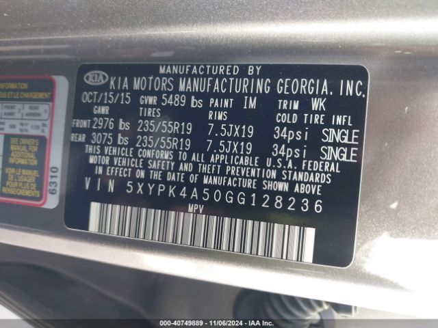 5XYPK4A50GG128236 KIA Sorento 3.3l Sxl