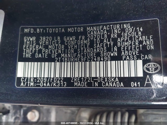 Toyota Corolla S Plus 2015 2T1BURHE9FC248490 Image 9