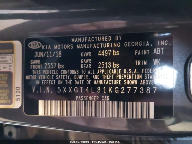 KIA Optima Lx 2019 5XXGT4L31KG277387 Image 9
