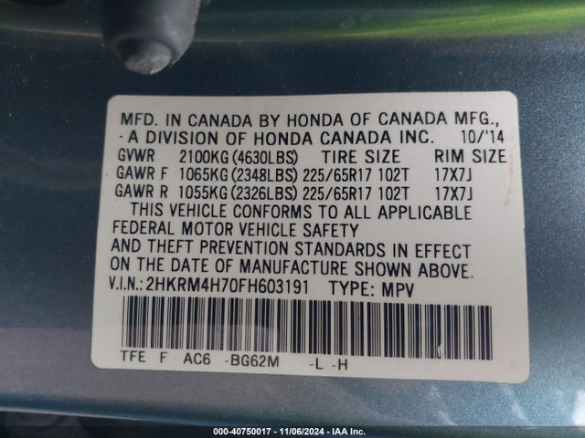 Honda Cr-v Ex-l 2015 2HKRM4H70FH603191 Image 9
