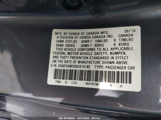 2HGFC4B03GH316182 Honda Civic Lx-p